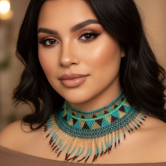 Hand Crafted Jewelry - New Beautiful Handmade Turquoise, Gold and Brown Beaded Mexican Collar Necklace